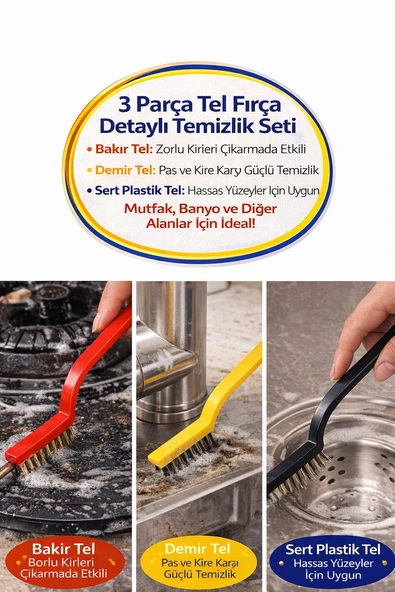 3’lü Tel Fırça Seti Bakır Demir Plastik Uçlu Detay Temizlik Fırçası Ocak Musluk Lavabo ürün görseli 1