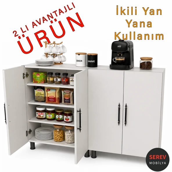 2 adet Çok Amaçlı 2 kapaklı Dolap Banyo Mutfak Erzak Kiler Dolabı Genişlik 70+70 140 Cm Beyaz ürün görseli 1