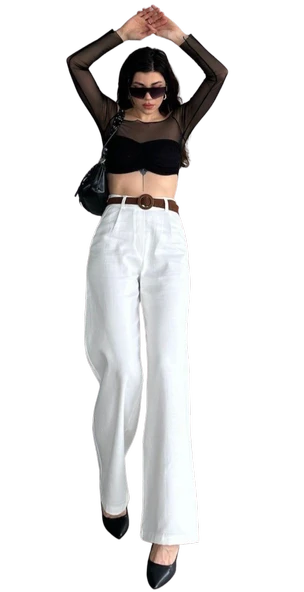 Beli Kemerli  Pantolon - BEYAZ - Resim 3