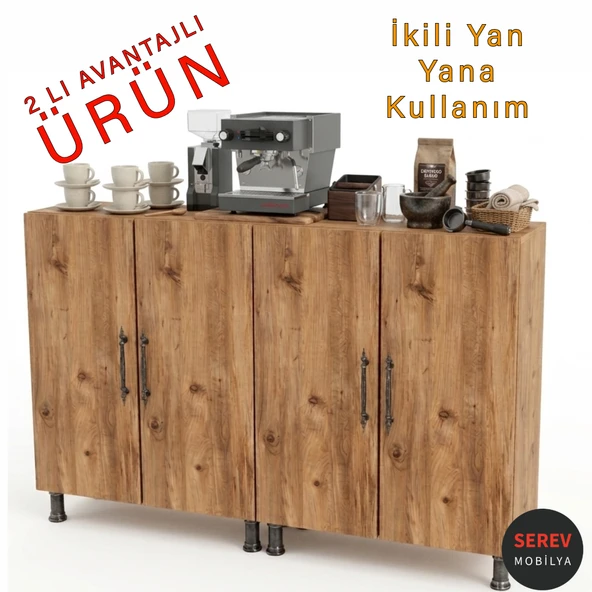 Serev Mobilya 2 adet Çok Amaçlı 2 kapaklı Dolap Banyo Mutfak Erzak Kiler Dolabı Genişlik 70+70 140 Cm Ahşap Renk ürün görseli 1