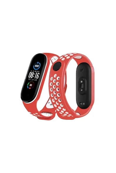 Newface Xiaomi Mi Band 6 Spor Delikli Kordon - Kırmızı-Beyaz ürün görseli 1