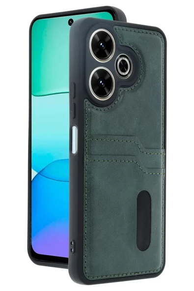 Newface Xiaomi Redmi 13 4G Kılıf Sara Kartvizitli Deri Kılıf - Koyu Yeşil ürün görseli 1