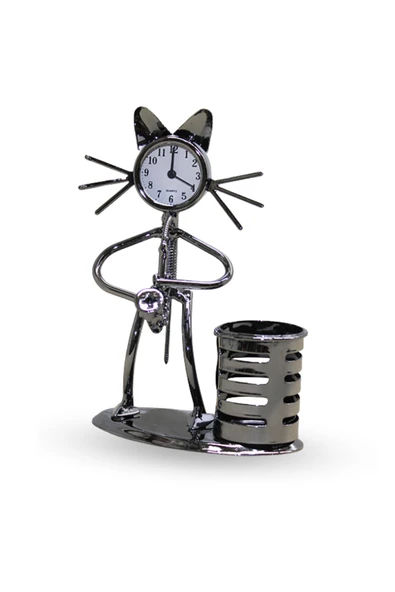 Büro Ev Ofis Hediyesi için 17X12CM Metal Kalemlikli Saksofonlu Kedi Masa Saati ürün görseli 1