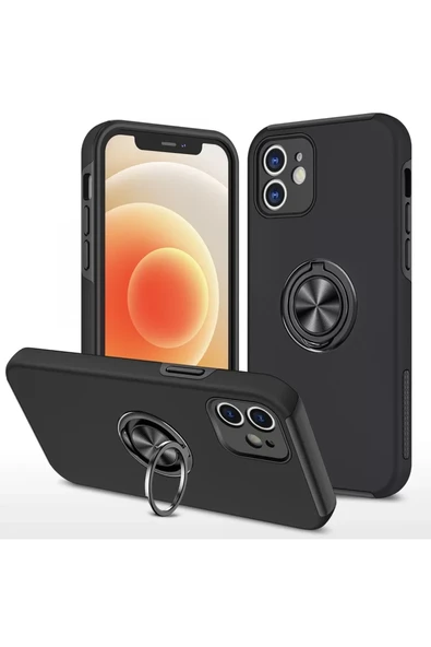 Newface Apple iPhone 12 Kılıf Elit Yüzüklü Kapak - Siyah ürün görseli 1