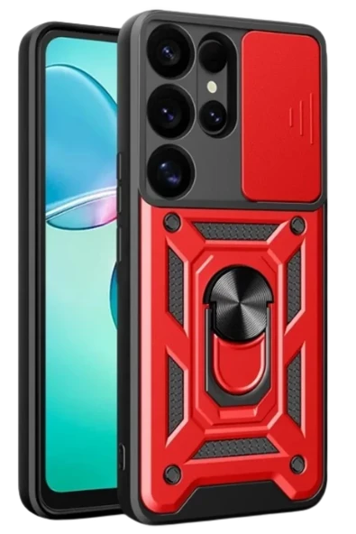 Newface Samsung Galaxy S25 Ultra Kılıf Pars Lens Yüzüklü Silikon - Kırmızı ürün görseli 1