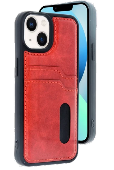Newface Apple iPhone 14 Kılıf Sara Kartvizitli Deri Kılıf - Kırmızı ürün görseli 1