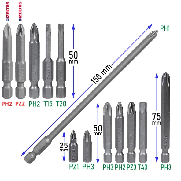 Matkap Bits Uç Vidalama Ucu Düz Yıldız Torx Uç (13 PARÇA) - Resim 2