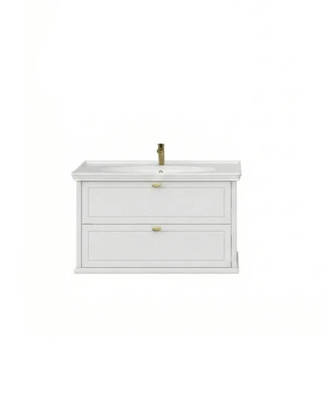 Antik İki Çekmeceli 100 Cm Beyaz Lavabo Dolabı İkili Set ürün görseli 1