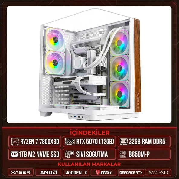 Xaser WOODEN X120 Ryzen 7 7800X3D 32GB DDR5 Ram 1TB M.2 NVMe SSD 12GB RTX5070 Sıvı Soğutmalı Masaüstü Oyuncu OEM Bilgisayar ürün görseli 1