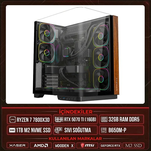 Xaser WOODEN X130 Ryzen 7 7800X3D 32GB DDR5 Ram 1TB M.2 NVMe SSD 16GB RTX5070 Ti Sıvı Soğutmalı Masaüstü Oyuncu OEM Bilgisayar ürün görseli 1