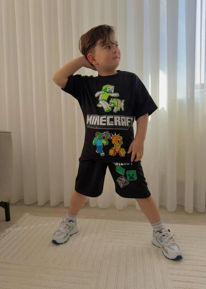 Cg Kids Minecraft Erkek Çocuk Tshirt & Şort Alt Üst Takım Süper Kalite Arka Etek Baskı Detay ürün görseli 1