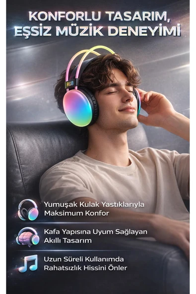 RGB Işıklı Kablosuz Bluetooth 5.3 Kulak Üstü Kulaklık - Mikrofonlu Yüksek Ses Kaliteli Disco Pulse ürün görseli 1