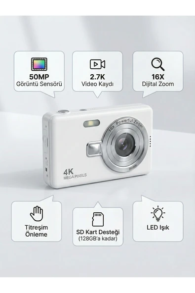 50MP Kompakt Dijital Fotoğraf Makinesi 16X Dijital Zoom Anti-Shake Vlog ve Video Kamerası ürün görseli 1