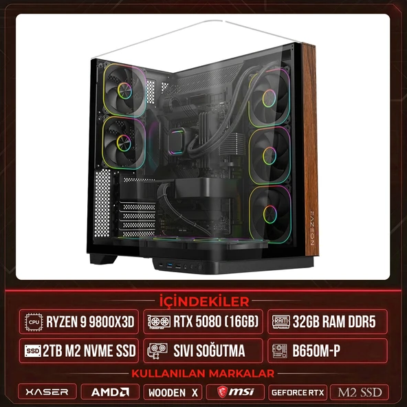 Xaser WOODEN X210 Ryzen 7 9800X3D 32GB DDR5 Ram 2TB M.2 NVMe SSD 16GB RTX5080 Sıvı Soğutmalı Masaüstü Oyuncu OEM Bilgisayar ürün görseli 1