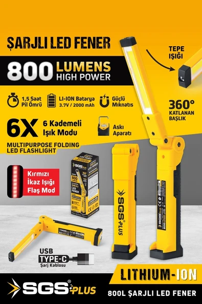 Katlanabilir Şarjlı Led Fener 800 Lumen 3.7 Volt Mıknatıslı Kırmızı İkaz Işıklı ürün görseli 1