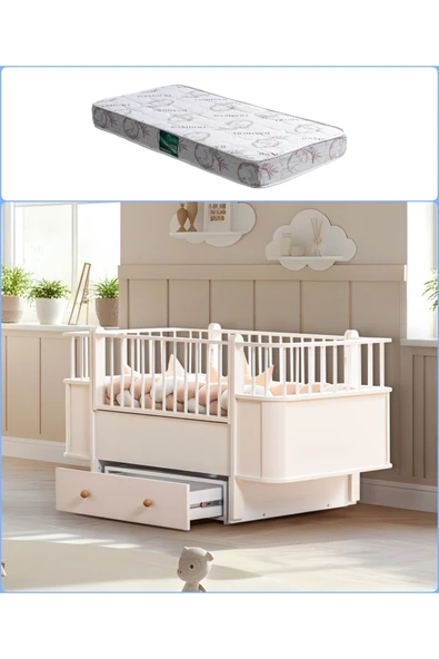 MDF Beşik, Krem Dünya Çekmeceli Büyüyen Sallanan Beşik 80x130 - 1 Adet 80x130 Comfort Yatak ürün görseli 1