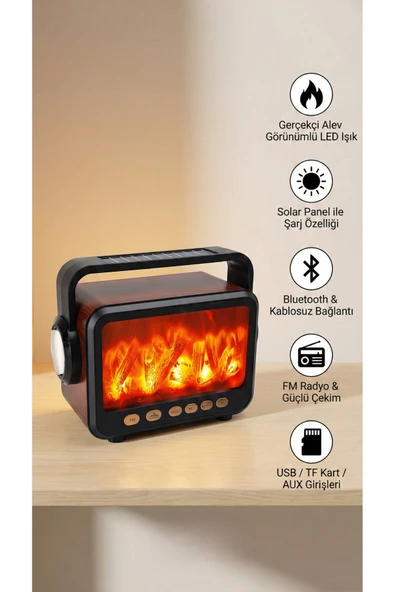 Solar Güneş Enerjili Alev Görünümlü Bluetooth Hoparlör FM Radyolu Nostaljik Şarjlı Ses Bombası ürün görseli 1