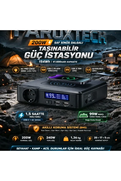 Taşınabilir Jenaratör - Güç İstasyonu - 200w - Fiş,USB,TypeC,Temassız Şarj - Güneş Enerjili ürün görseli 1