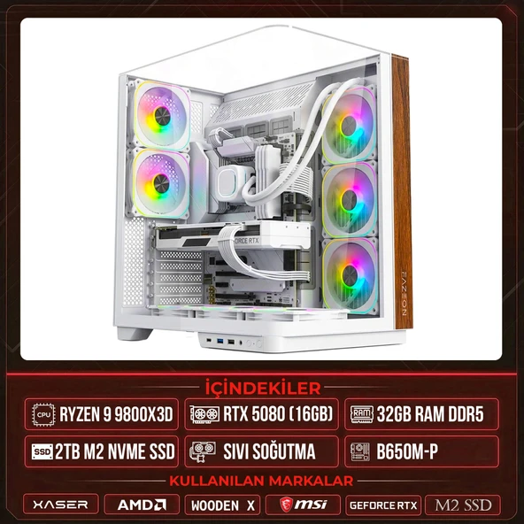Xaser WOODEN X220 Ryzen 7 9800X3D 32GB DDR5 Ram 2TB M.2 NVMe SSD 16GB RTX5080 Sıvı Soğutmalı Masaüstü Oyuncu OEM Bilgisayar ürün görseli 1