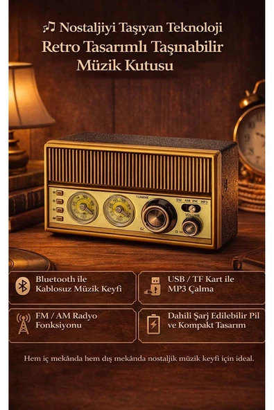 Şarjlı Retro Radyo Bluetooth Hoparlör Nostaljik Görünümlü Ahşap Tasarım Taşınabilir Müzik Kutusu ürün görseli 1