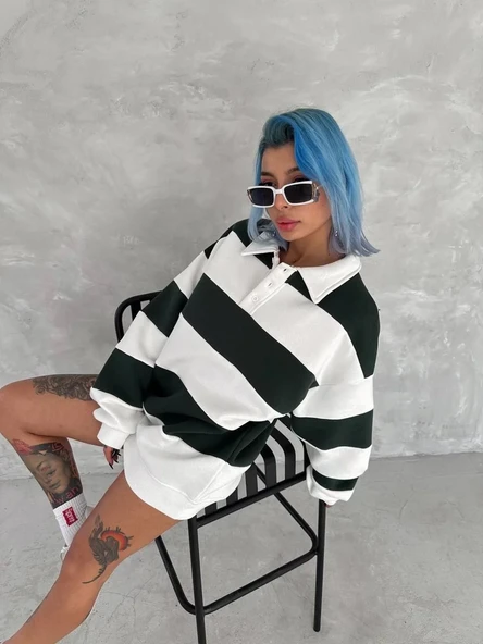 Unisex Üç İplik Parçalı Yakalı Sweatshirt - Yeşil ürün görseli 1
