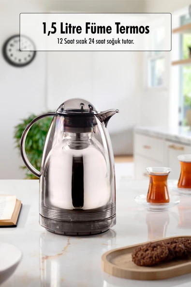 1.5 LT Isı Yalıtımlı Çay Ve Soğuk Su Termosu Füme (12 Saat Sıcak Tutar& İçi Camdır) ürün görseli 1