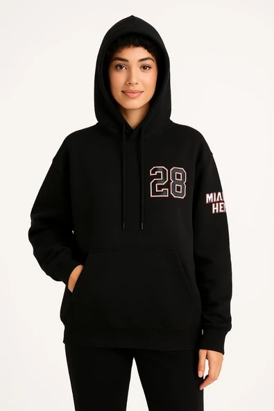 Kadın Üç İplik Kapüşonlu Ön Ve Arka Baskılı Sweatshirt Hoodie - Siyah ürün görseli 1