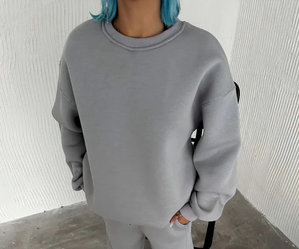 Kışlık Bisiklet Yaka Üç İplik Basic Sweatshirt - Gri - Resim 2