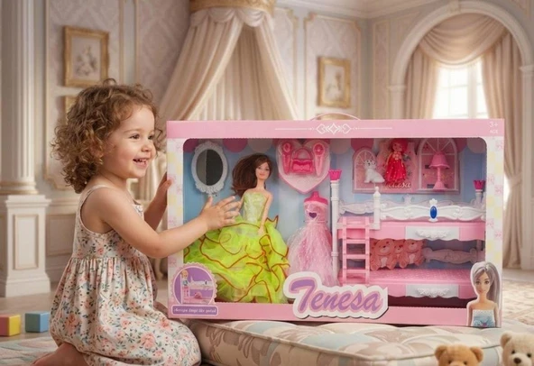 Tenesa Rüya Evi: 3 Figürlü 10 Parçalı Yedek Elbiesli Eklemleri Oynayan Bebek ve Yatak Odası Seti ürün görseli 1