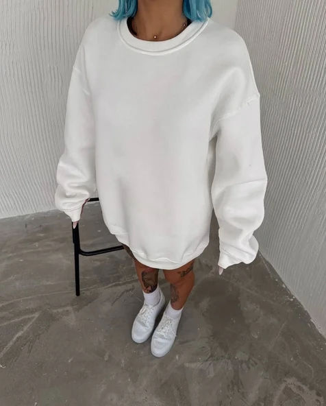 Kışlık Bisiklet Yaka Üç İplik Basic Sweatshirt - Beyaz ürün görseli 1