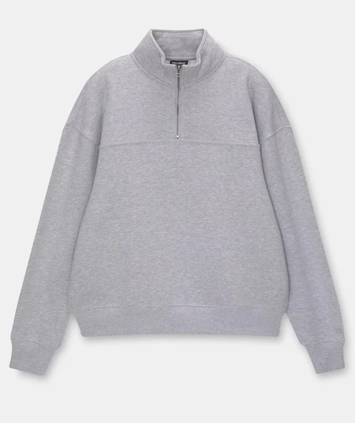 Oversize Yarım Farmuarlı Yakalı Basic Sweatshirt - Gri ürün görseli 1