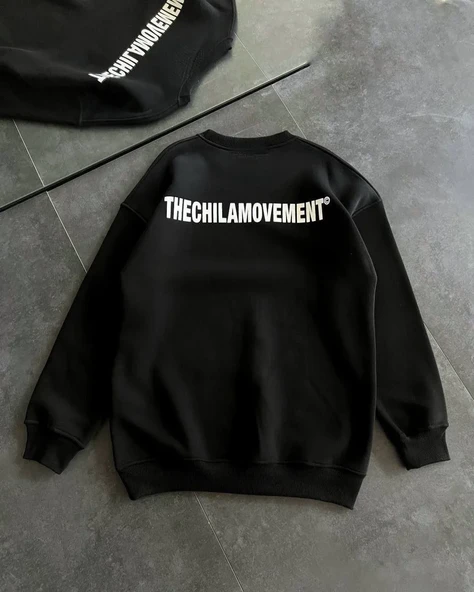 Kışlık Bisiklet Yaka Oversize Baskılı Sweatshirt - Siyah - Resim 4