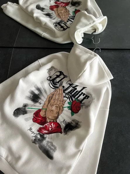 Üç İplik Penye Uzun Kol Kapüşonlu Baskılı Sweatshirt - Beyaz ürün görseli 1