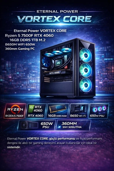 Eternal Power VORTEX CORE Ryzen 5 7500F RTX 4060 16GB DDR5 1TB M.2 B650M WIFI 650W 360mm Gaming PC ürün görseli 1