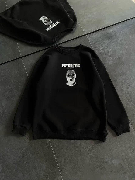 Kışlık Bisiklet Yaka Baskılı Sweatshirt - Siyah - Resim 2
