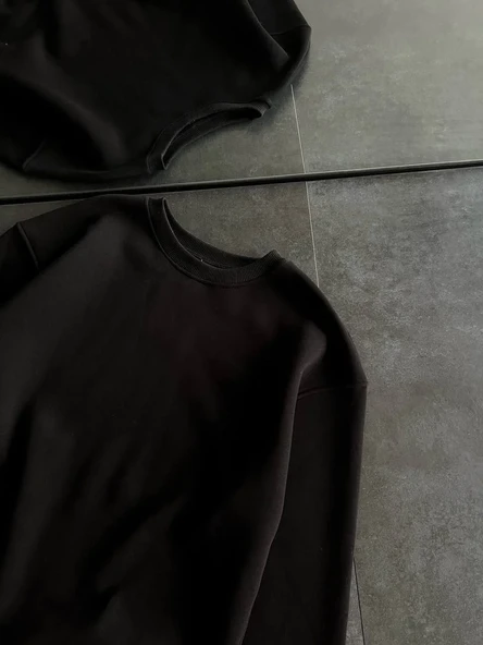 Kışlık Bisiklet Yaka Üç İplik Basic Sweatshirt - Siyah - Resim 5