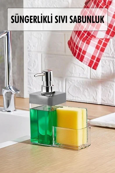 Gri Renkli Sıvı Sabunluk Süngerlik Hazneli 450 ml ürün görseli 1