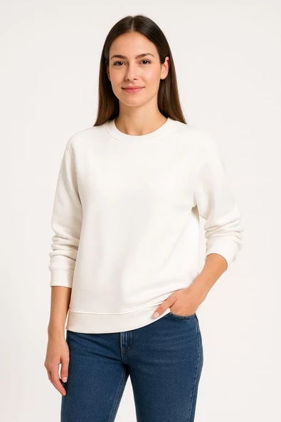 Kadın Üç İplik Düz Bisiklet Yaka Sweatshirt - Beyaz ürün görseli 1