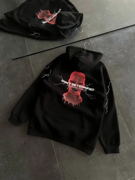Üç İplik Kapüşonlu Baskılı Oversize Sweatshirt- Siyah - Resim 2