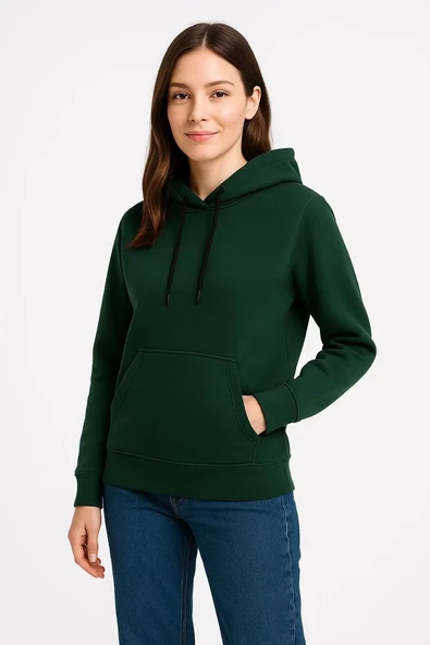 Kadın Üç İplik Kapüşonlu Kanguru Cepli Sweatshirt Hoodie - Haki ürün görseli 1