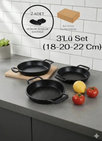 3’LÜ DÖKÜM GRANİT TAVA SETİ (18-20-22 CM) YAPIŞMAZ YÜZEYLİ SAHAN ürün görseli 1