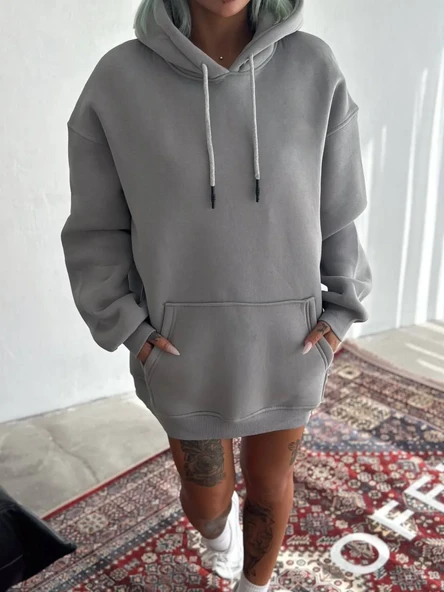 Kapüşonlu Üç İplik Penye Basic Sweatshirt - Boyalı Gri ürün görseli 1