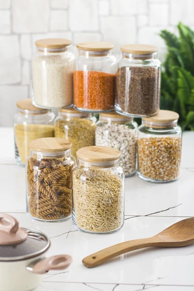 9 Lu Set Bambu Kapaklı Cam Kavanoz & Erzak Saklama Kabı 800 ml Orta  Boy ( Vakum Kapak ) ürün görseli 1
