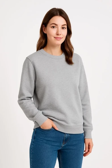Kadın Üç İplik Düz Bisiklet Yaka Sweatshirt - Gri ürün görseli 1