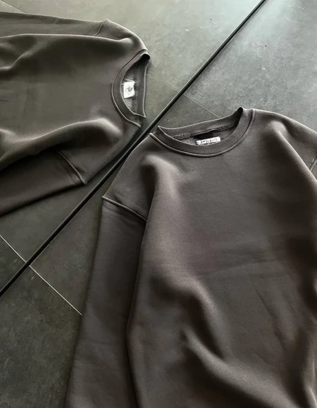 Kışlık Bisiklet Yaka Üç İplik Basic Sweatshirt - Füme - Resim 2