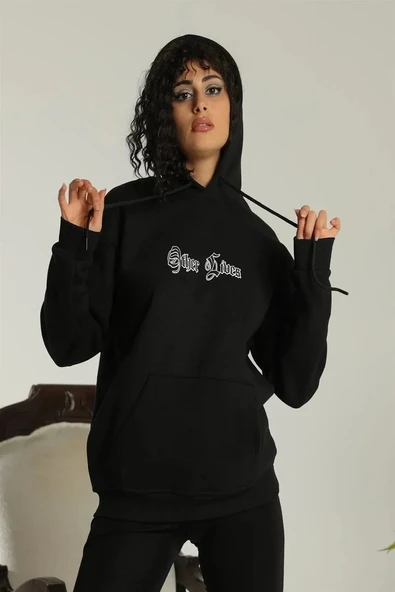 Kadın Kapşonlu Sweatshirt – Oversize Üç İplik Şardonlu Hoodie, “other Lives” Ön & Arka Baskılı, Kanguru Cepli, Kışlık Rahat Günlük Stil - Siyah ürün görseli 1