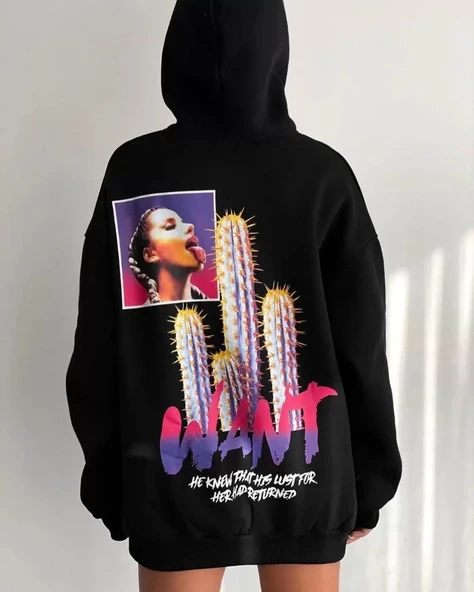 Baskılı Üç İplik Kapüşonlu Oversize Sweatshirt - Siyah - Resim 3