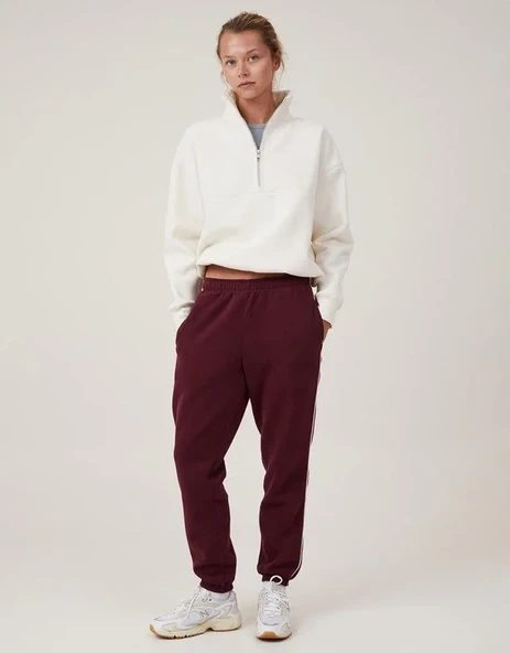 Oversize Yarım Farmuarlı Yakalı Basic Sweatshirt - Beyaz - Resim 4