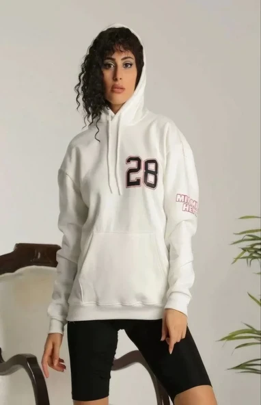 Unisex Kapşonlu Baskılı Sweetshirt - Beyaz - Resim 2