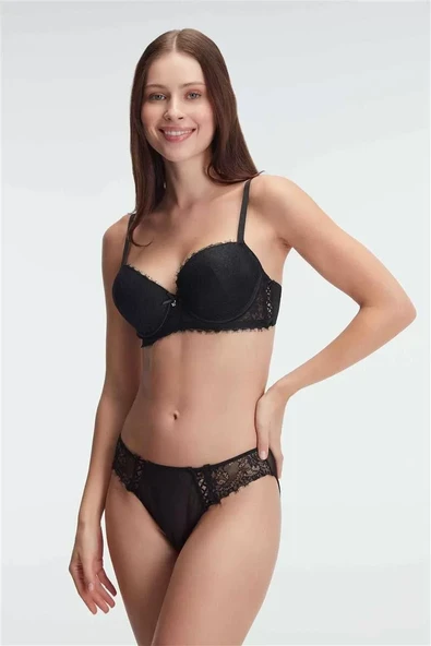 Destekli Dolgulu Balenli Kaplı Dantel Detaylı Sütyen Slip İç Çamaşırı Takım ürün görseli 1